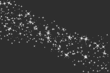 Sparkling white glitter particles creating a dynamic diagonal wave pattern against a dark gray...