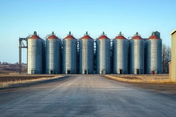 Obraz premium Row of eight large metal grain silos standing side by side under clear blue sky in rural landscape with dirt road leading towards them
