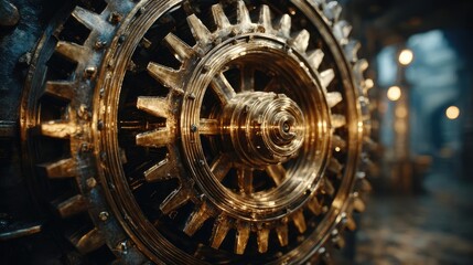 Obraz premium Gear axis of spinner gun concept. Close-up of a shining gold gear in a dark, industrial setting.