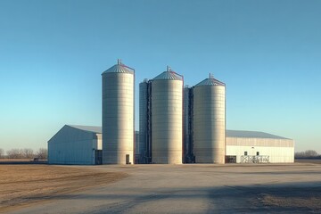 Obraz premium Three large cylindrical silos and two white industrial buildings on flat land under clear blue sky in rural area