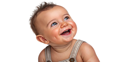 Joyful baby with bright blue eyes and a wide smile, looking upwards with an expression of pure delight and wonder.