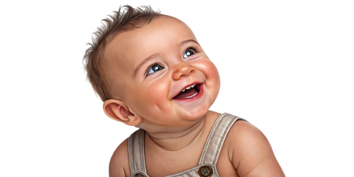 Joyful baby with bright blue eyes and a wide smile, looking upwards with an expression of pure delight and wonder.