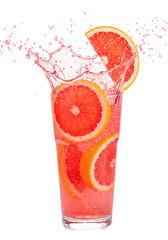 Refreshing Grapefruit Drink With Splash Of Water And Sliced Citrus Fruits Against Black Transparent Background