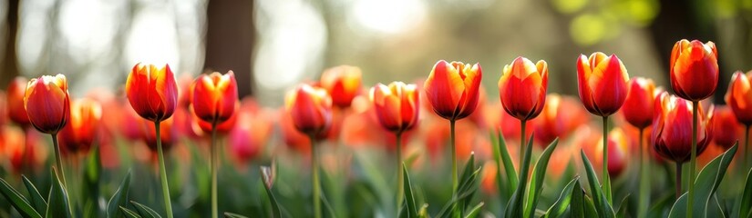 Row of vibrant orange and red tulips with green leaves in soft sunlight and blurred natural background