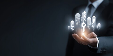 Real Estate Agent, Property Sales, Agent Presenting Glowing Key and Building Icons, Minimalist Style with Copy Space

