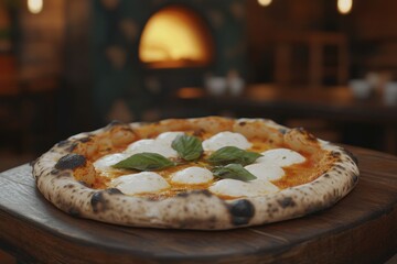 Close-up of a delicious pizza topped with mozzarella and fresh basil.