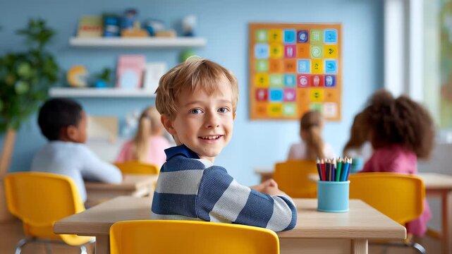 Boy sitting at wooden desk looking towards colorful alphabet chart on wall in bright classroom. Soft lighting enhances inviting atmosphere