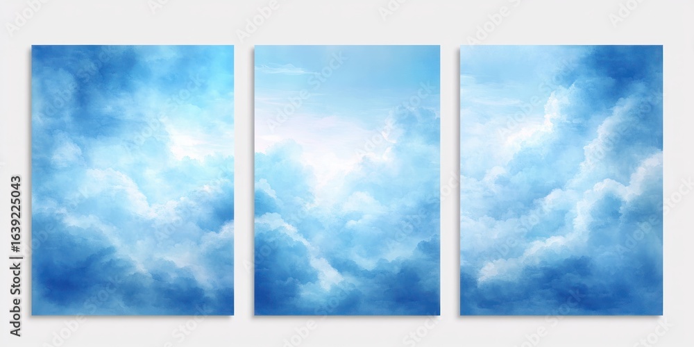 Poster triptych of blue sky with fluffy, voluminous clouds creating a calm and serene atmosphere