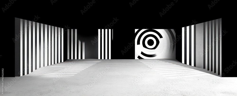 Aufkleber empty minimalist architectural space with alternating black and white vertical stripes on walls and 