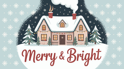 Cozy Snow Covered House with Christmas Lights and Merry Bright Text winter