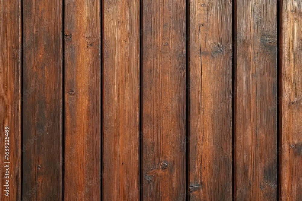 Poster close-up view of vertical wooden planks with rich brown color and natural knots showing rustic textu