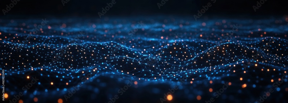 Aufkleber abstract 3d digital grid landscape with glowing blue lines and orange nodes forming a wave-like netw