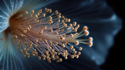 Close Up of a Single Pollen Grain on a Flower's Stamen Against a Dark Background
