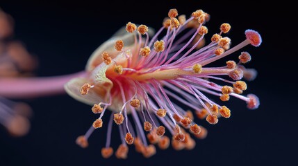 Close Up of a Single Pollen Grain on a Flower's Stamen Against a Dark Background