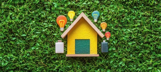small wooden house model with colorful light bulbs arranged around it symbolizing ideas and energy on green leafy background
