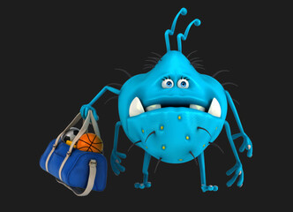 Fun 3D cartoon virus with a sports bag
