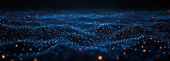 Abstract 3D digital grid landscape with glowing blue lines and orange nodes forming a wave-like network pattern conveying technology and connectivity