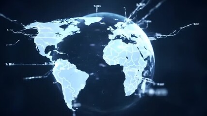 A glowing digital representation of the world globe, showcasing global connectivity and communication networks across the continents. - Powered by Adobe