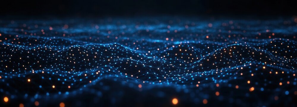 Abstract 3D digital grid landscape with glowing blue lines and orange nodes forming a wave-like network pattern conveying technology and connectivity - Powered by Adobe