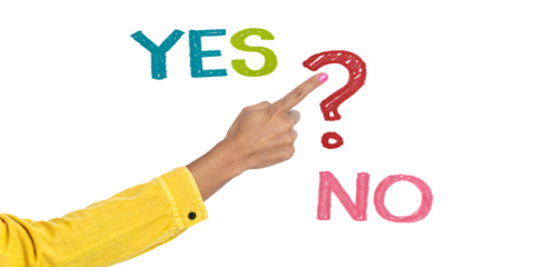 Woman's hand points to a question mark between the words YES and NO, symbolizing choice and decision making