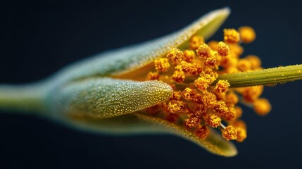 Close Up of a Single Pollen Grain on a Flower's Stamen Against a Dark Background