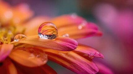 Close-Up of a Raindrop on a Flower Petal with Vibrant Orange and Pink Colors in Nature