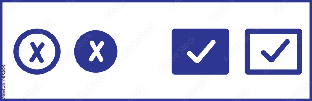 Poster a clean navy blue vector icon set featuring essential ui symbols: success checkmarks and cancel cros