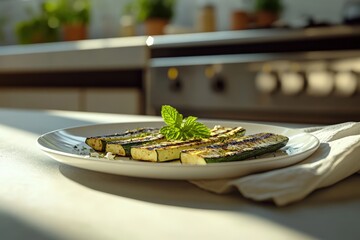 Grilled zucchini slices garnished with fresh herbs.