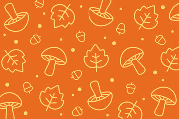 Whimsical outline mushroom, acorn, and oak leaves arranged in a seamless repeat on a rich orange background, giving a playful hand-drawn autumn forest vibe.