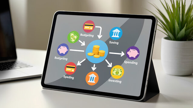 Animated infographic on a tablet showing basic money management tips