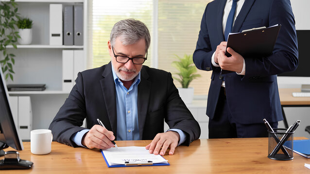 business people working together, signing dosuments