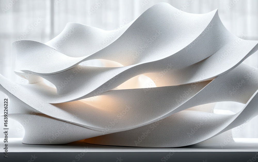 Poster abstract white modern sculpture with smooth flowing wave-like shapes illuminated softly from within,