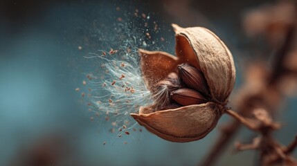Close-Up of a Seed Pod Bursting Open and Releasing Tiny Seeds in a Natural Setting