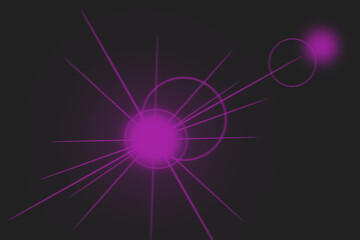 Abstract glowing purple energy bursts with radiating lines and orbiting spheres on a dark background