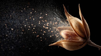Close-Up of a Seed Pod Bursting Open and Releasing Tiny Seeds in a Natural Setting