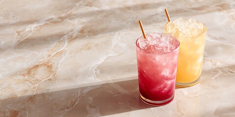 Swirled fruit cocktails illuminated softly on creamy veined marble counter