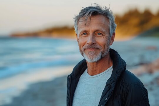 smiling middle-aged man with gray hair and beard wearing a black jacket standing on a beach during sunset with calm sea and blurred shoreline background - Powered by Adobe