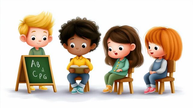 Kids actively observing alphabet chart while sitting in wooden chairs. Bright classroom environment featuring a chalkboard and a storybook