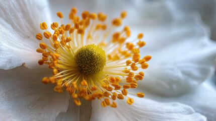 Close-Up of a Single Pollen Grain on a Flower's Stamen with Delicate White Petals and Yellow Centers