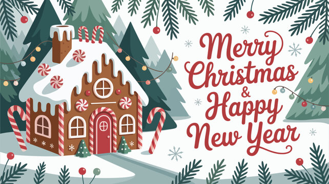 Gingerbread house with candy canes and festive Christmas greetings vector illustration