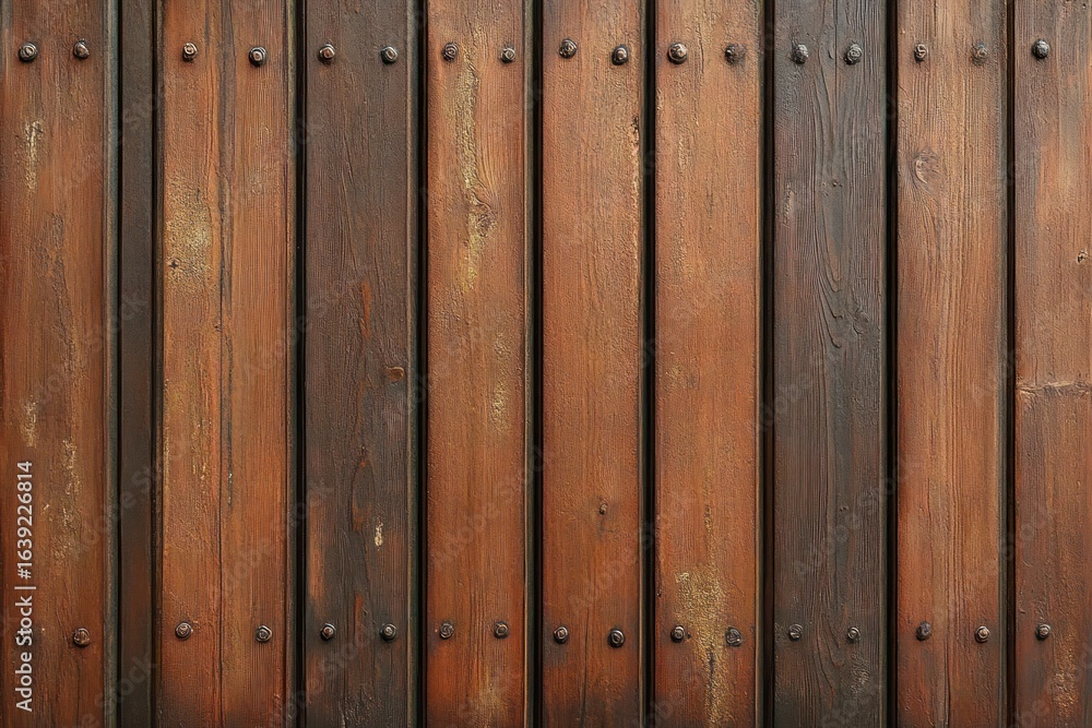 Poster close-up view of a wooden fence with vertical planks secured by multiple rusty nails showing natural