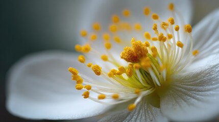 Close-Up of a Single Pollen Grain on a Flower's Stamen with Delicate White Petals and Yellow Centers
