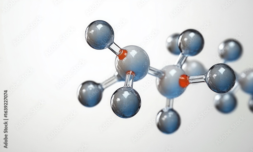 Poster close-up visualization of a molecular structure with spherical atoms connected by cylindrical bonds 
