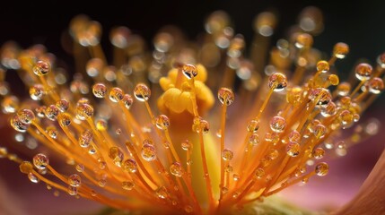 Close-Up of a Single Pollen Grain on a Flower's Stamen Surrounded by Water Droplets