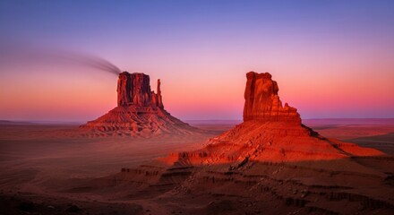 Majestic Red Rock Formations in Desert at Sunset with Vibrant Sky