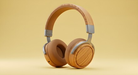 Naklejka premium Wood headphones gleam on yellow. Modern, rustic textures. Perfect for product display, website banners, branding, and digital posters.