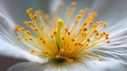 Close-Up of a Single Pollen Grain on a Flower's Stamen with Delicate White Petals and Yellow Centers