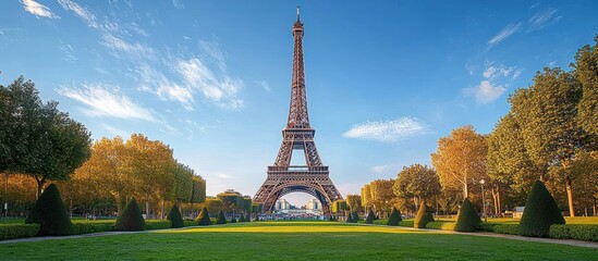 Clear sunny day with blue sky and light clouds over a green park leading to a towering iron lattice tower surrounded by autumn-colored trees