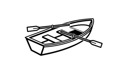 Classic rowboat with oars shown in a simple black line drawing. Isolated vector graphic for concepts of leisure, travel, and adventure.