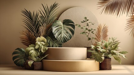 Minimal 3D podium scene for product showcase, layered cylindrical platforms, accented with fresh monstera and palm leaves, warm beige background, realistic texture, ultra-sharp render, soft shadows